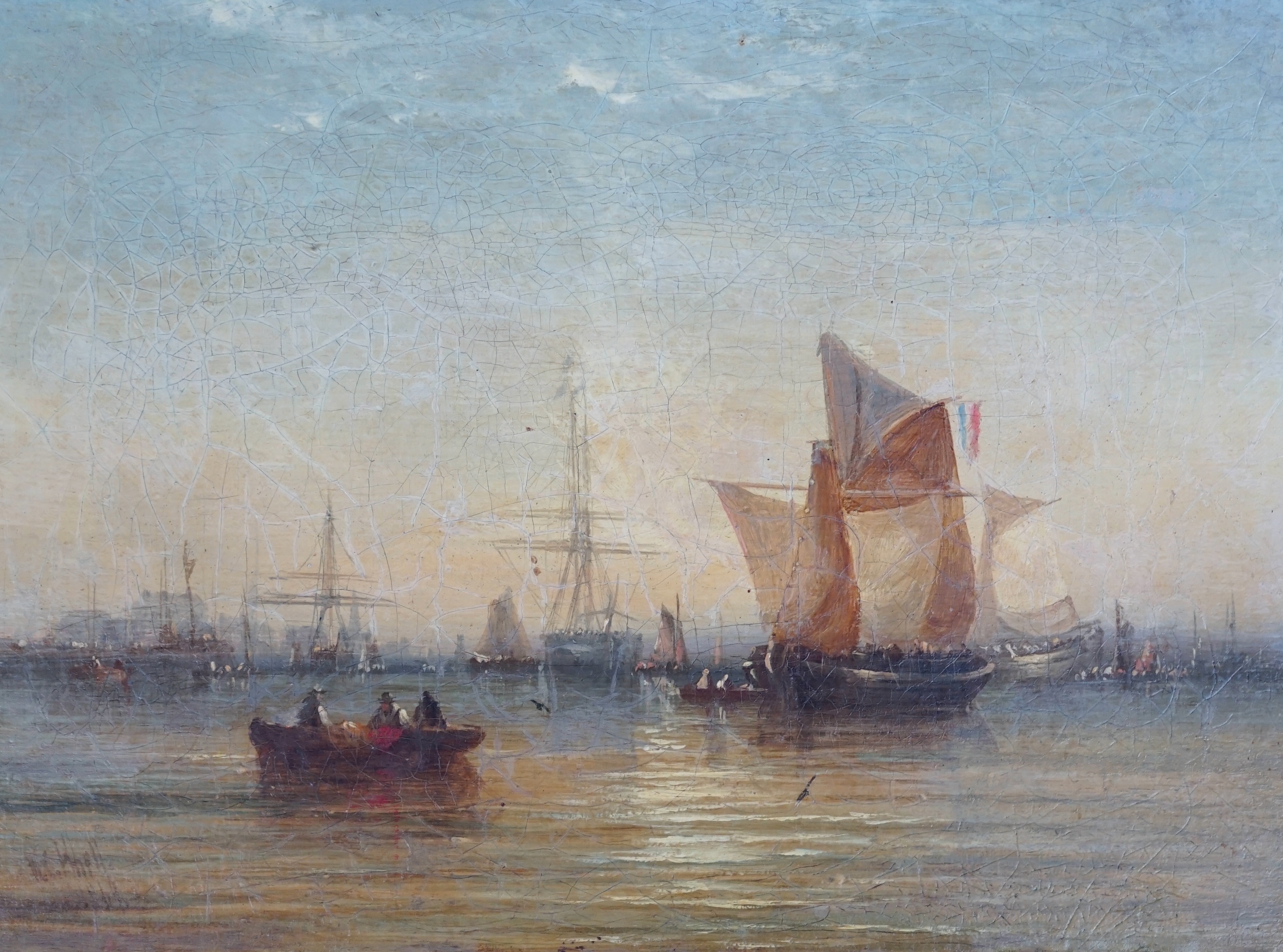 William Callcott Knell (British, 1830-1876), Shipping at anchor on a calm sea, oil on canvas, 22 x 29cm